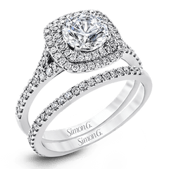 Round-cut Double-Halo Engagement Ring & Matching Wedding Band in 18k Gold with Diamonds MR2459 WHITE 18K SET