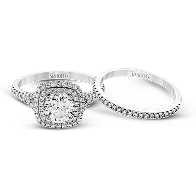 Round-cut Double-Halo Engagement Ring & Matching Wedding Band in 18k Gold with Diamonds MR2459 WHITE 18K SET