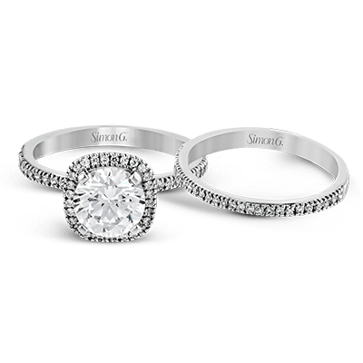 Round-cut Halo Engagement Ring & Matching Wedding Band in 18k Gold with Diamonds MR1840-A WHITE 18K SET