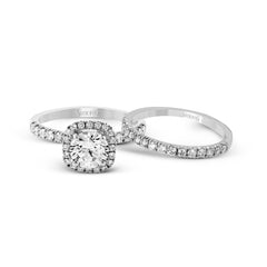 Round-cut Halo Engagement Ring & Matching Wedding Band in 18k Gold with Diamonds MR2132 WHITE 18K SET