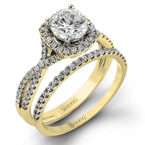 Round-cut Halo Engagement Ring & Matching Wedding Band in 18k Gold with Diamonds NR468 WHITE 18K SET