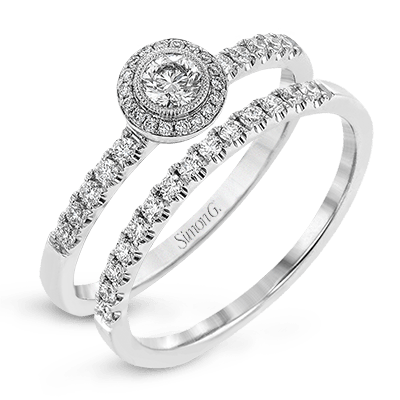 Round-cut Halo Ring & Matching Band in 18k Gold with Diamonds LR1100 WHITE 18K SET