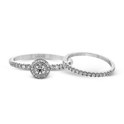 Round-cut Halo Ring & Matching Band in 18k Gold with Diamonds LR1100 WHITE 18K SET