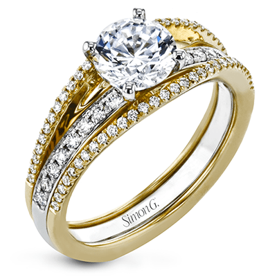 Round-cut Split-Shank Engagement Ring & Matching Wedding Band in 18k Gold with Diamonds LR2686 WHITE 18K SET