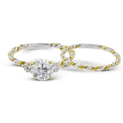 Round-cut Three-stone Engagement Ring & Matching Wedding Band in 18k Gold with Diamonds LR2637 WHITE 18K SET