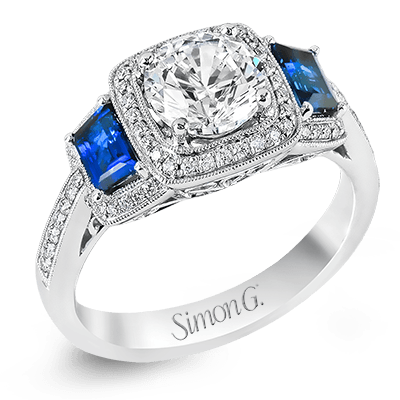 Round-Cut Three-Stone Halo Engagement Ring In 18k Gold With Diamonds & Sapphires MR2247-A WHITE 18K SEMI