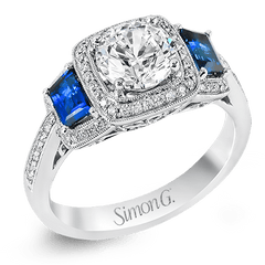 Round-Cut Three-Stone Halo Engagement Ring In 18k Gold With Diamonds & Sapphires MR2247-A WHITE 18K SEMI