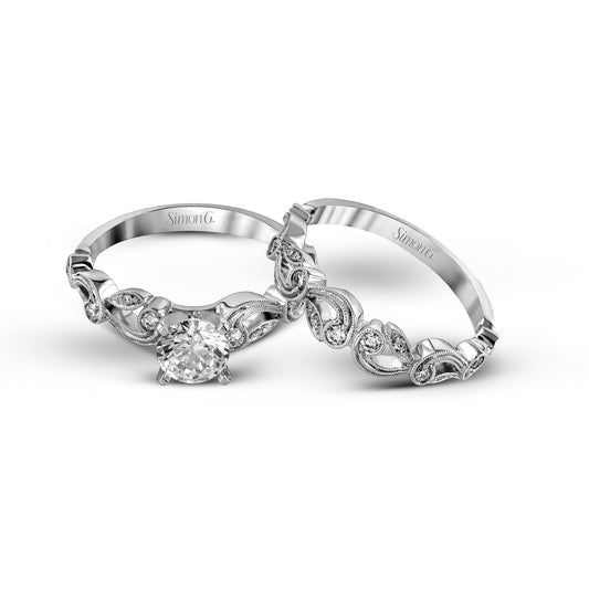 Round-cut Trellis Engagement Ring & Matching Wedding Band in 18k Gold with Diamonds TR473_WHITE_18K_SET